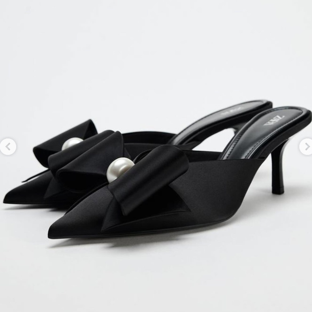 ZARA FAUX PEARL BOW HEELED MULES, size 40, BLACK